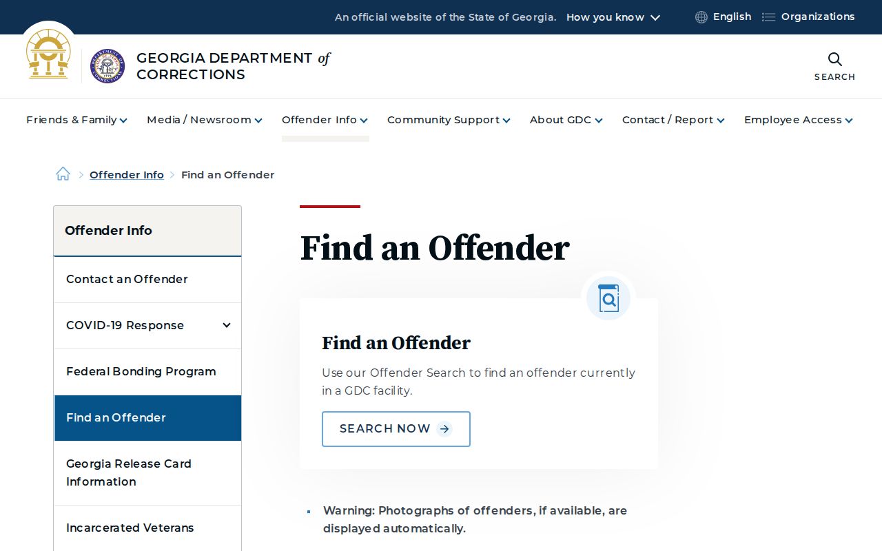 Richmond County Georgia Department of Corrections official offender search page for state custody